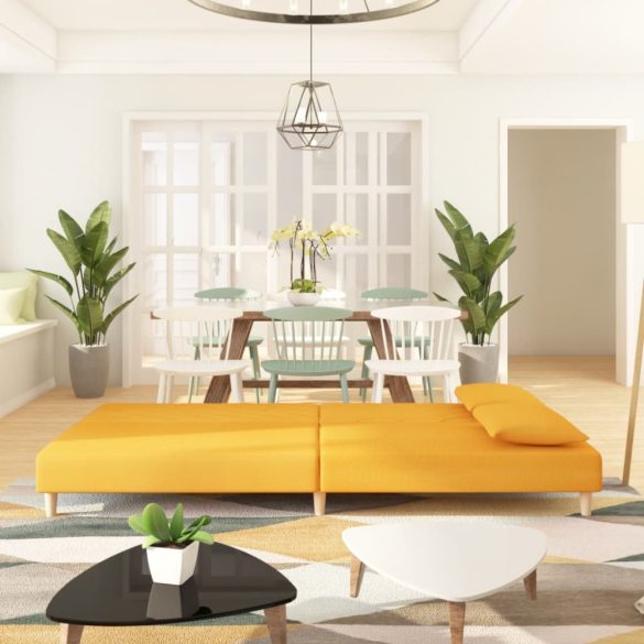 kétszemélyes sárga szövet kanapéágy két párnával