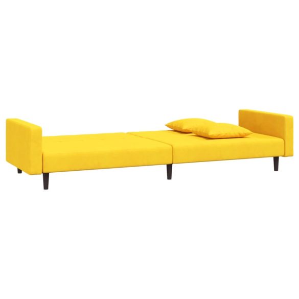 kétszemélyes sárga bársony kanapéágy két párnával