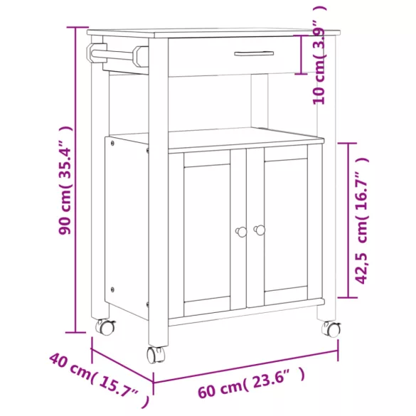 MONZA tömör fenyőfa konyhai kocsi 60 x 40 x 88,5 cm