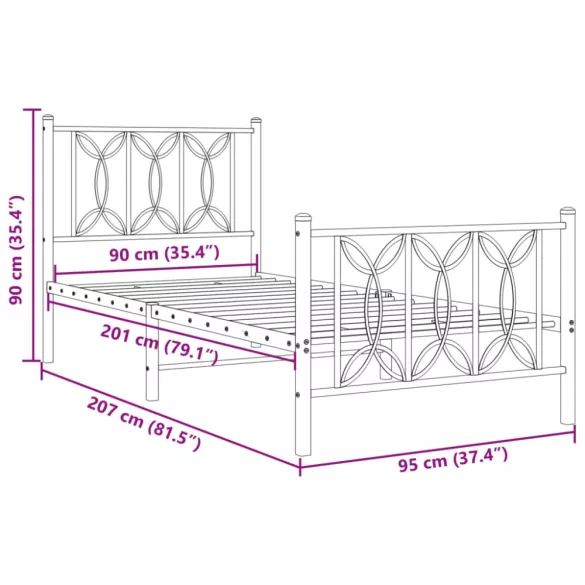 fekete fém ágykeret fej- és lábtámlával 90 x 200 cm