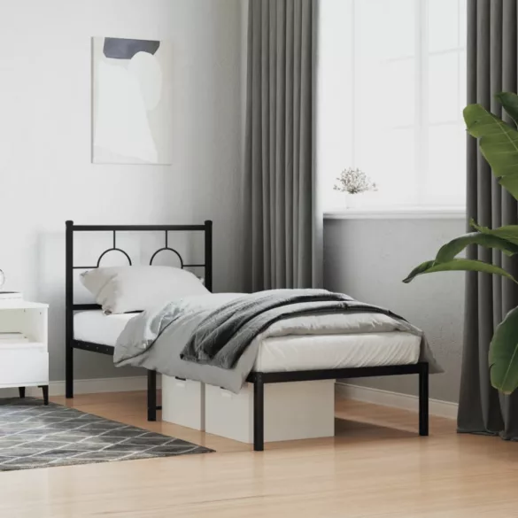 fekete fém ágykeret fejtámlával 80 x 200 cm
