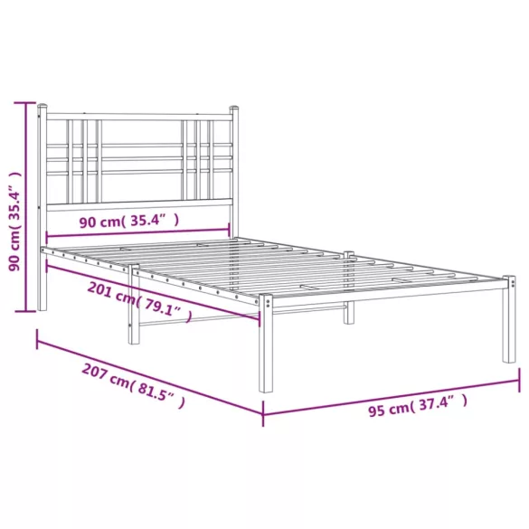 fekete fém ágykeret fejtámlával 90 x 200 cm