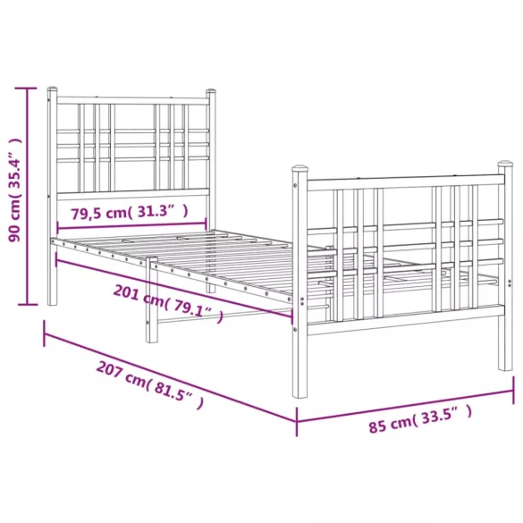 fehér fém ágykeret fej- és lábtámlával 80x200 cm