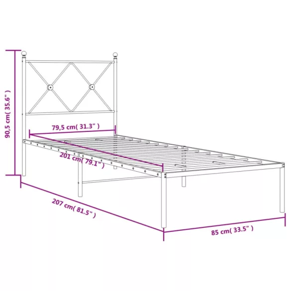 fekete fém ágykeret fejtámlával 80 x 200 cm