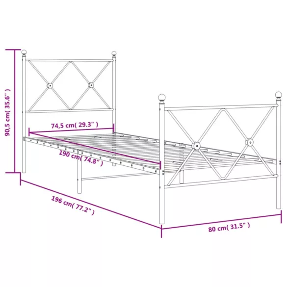 fekete fém ágykeret fej- és lábtámlával 75 x 190 cm