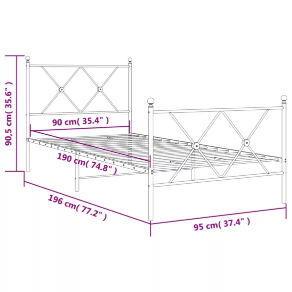 fekete fém ágykeret fej- és lábtámlával 90 x 190 cm