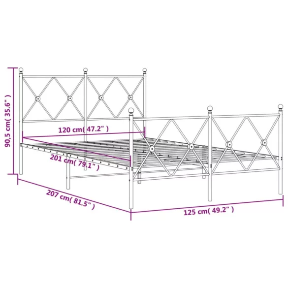 fekete fém ágykeret fej- és lábtámlával 120 x 200 cm