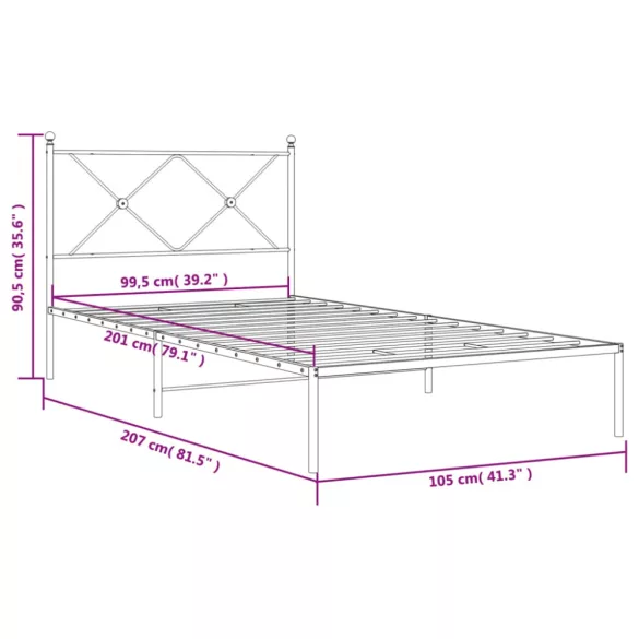fehér fém ágykeret fejtámlával 100x200 cm