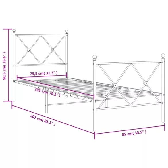 fehér fém ágykeret fej- és lábtámlával 80x200 cm
