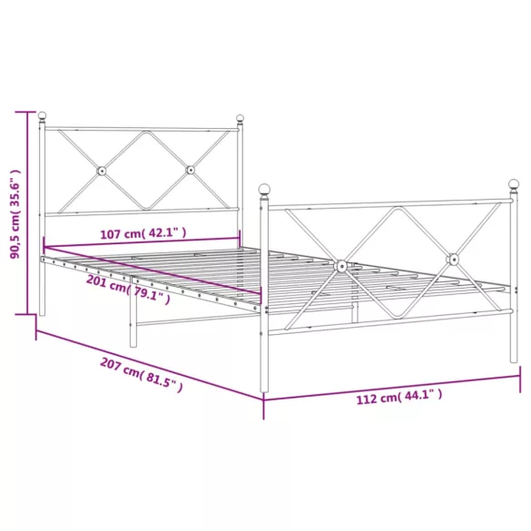 fehér fém ágykeret fej- és lábtámlával 107 x 203 cm