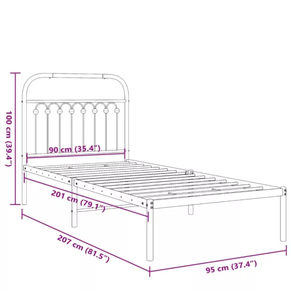 fekete fém ágykeret fejtámlával 90 x 200 cm