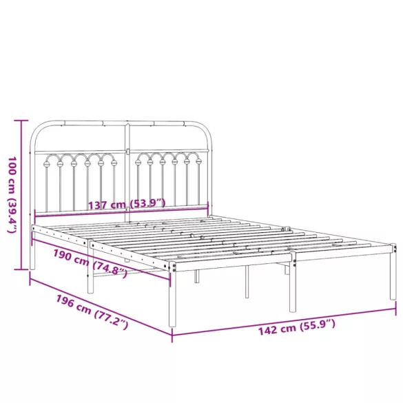 fehér fém ágykeret fejtámlával 135 x 190 cm