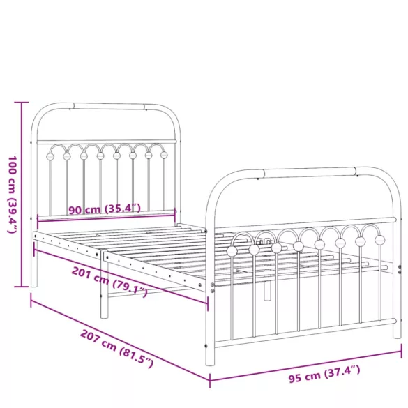 fehér fém ágykeret fej- és lábtámlával 90x200 cm
