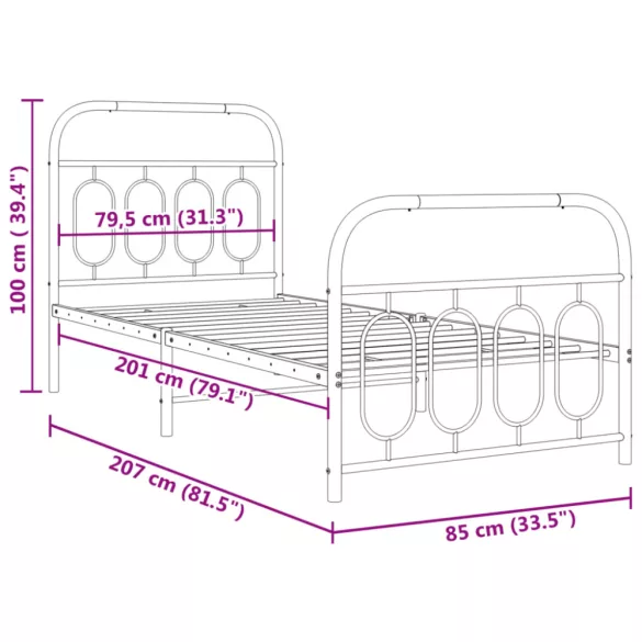 fekete fém ágykeret fej- és lábtámlával 80 x 200 cm