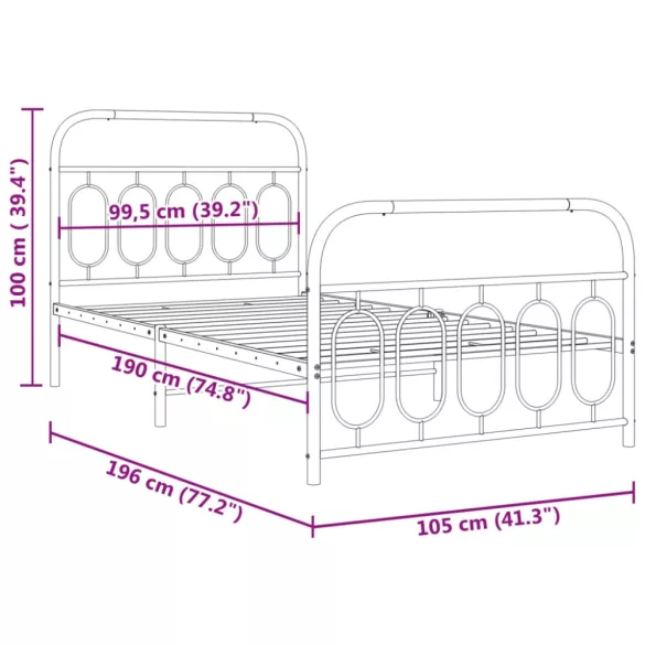 fehér fém ágykeret fej- és lábtámlával 100 x 190 cm