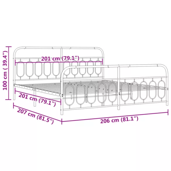 fehér fém ágykeret fej- és lábtámlával 200x200 cm