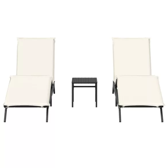 2 db fekete polyrattan napozóágy asztallal