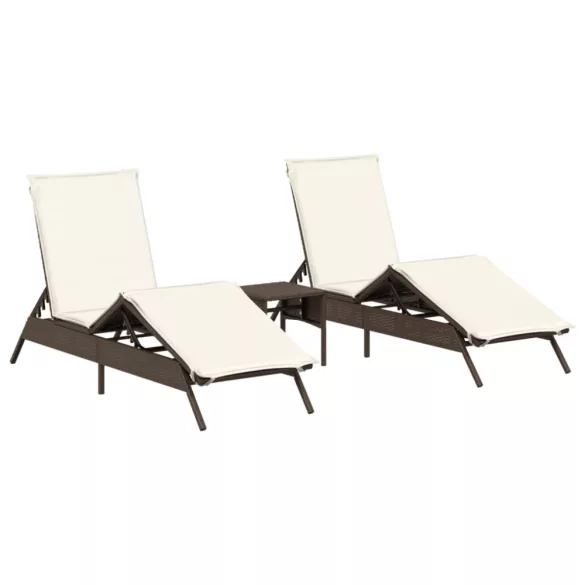 2 db barna polyrattan napozóágy asztallal