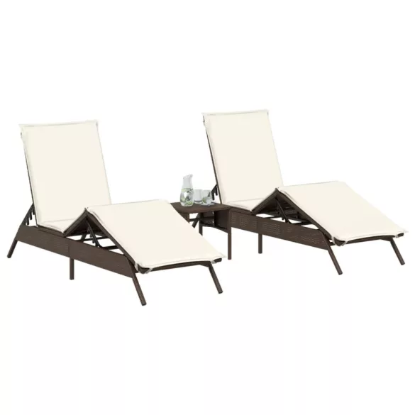 2 db barna polyrattan napozóágy asztallal