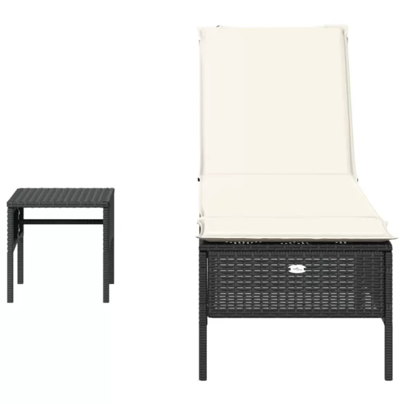 fekete polyrattan napozóágy asztallal és párnával