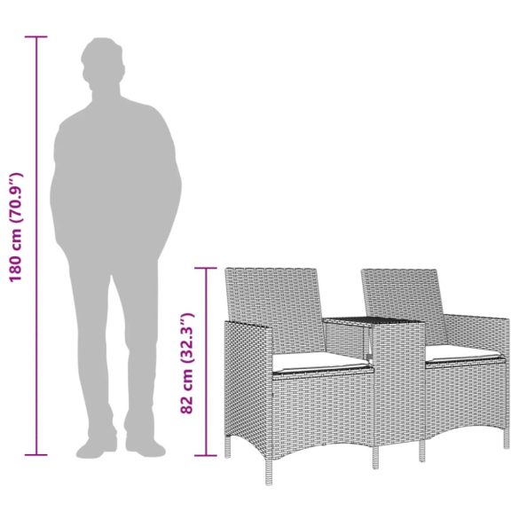 2 személyes fekete polyrattan kerti kanapé asztallal / párnával