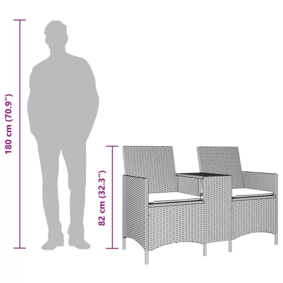 szürke polirattan 2 személyes kerti kanapé asztallal, párnákkal