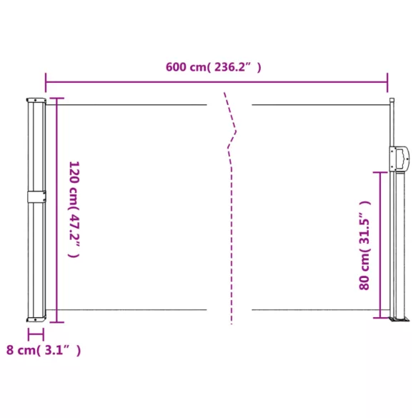 antracitszürke behúzható oldalsó napellenző 120 x 600 cm