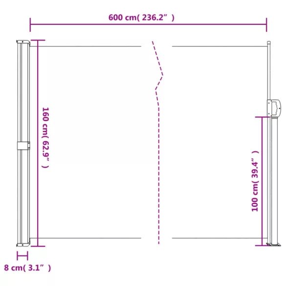antracitszürke behúzható oldalsó napellenző 160 x 600 cm