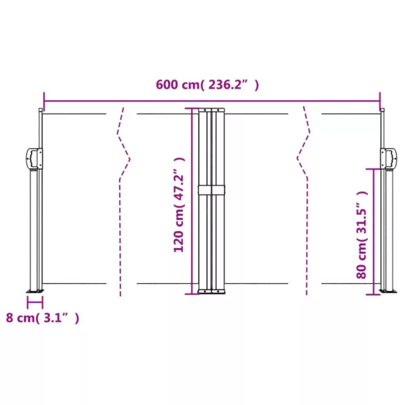 antracitszürke behúzható oldalsó napellenző 120 x 600 cm