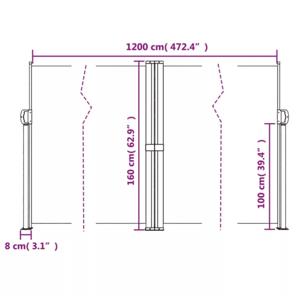 antracitszürke behúzható oldalsó napellenző 160 x 1200 cm