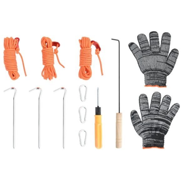 fekete acél sátorkályha kéménnyel és összecsukható lábakkal