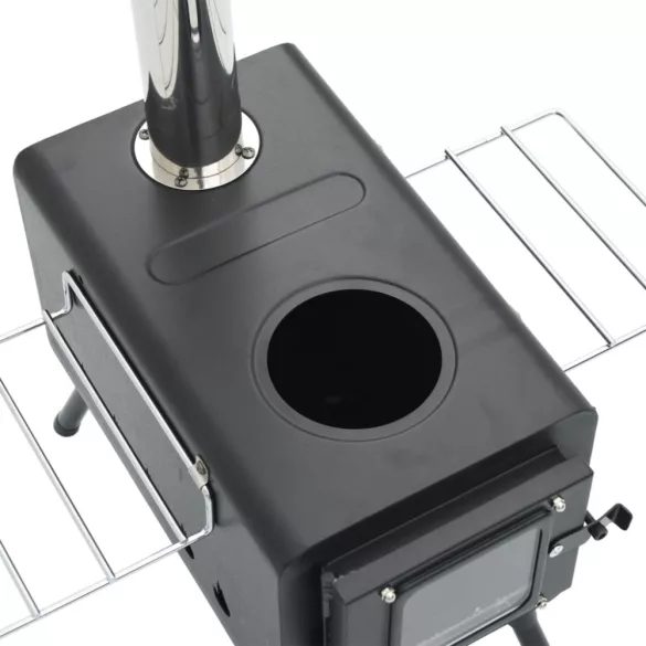 fekete acél sátorkályha kéménnyel és összecsukható lábakkal