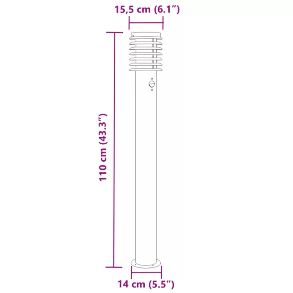 ezüst rozsdamentes acél kültéri állólámpa érzékelővel 110 cm