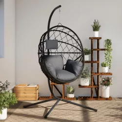   antracitszürke rattan és acél függő kagylószék állvánnyal