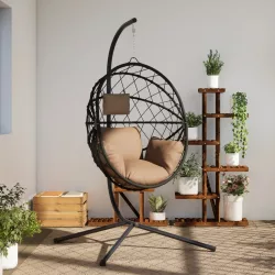   tópszínű rattan és acél függő kagylószék állvánnyal