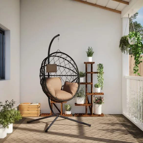 tópszínű rattan és acél függő kagylószék állvánnyal