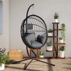   antracitszürke rattan és acél függő kagylószék állvánnyal