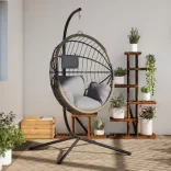világosszürke rattan és acél függő kagylószék állvánnyal