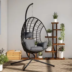   antracitszürke rattan és acél függő kagylószék állvánnyal