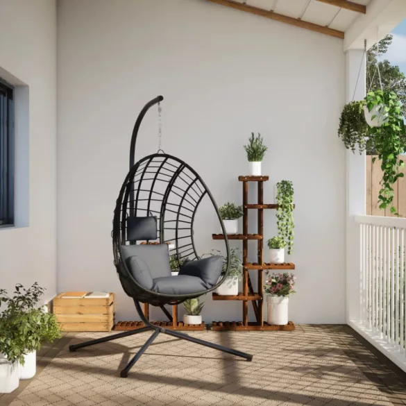 antracitszürke rattan és acél függő kagylószék állvánnyal