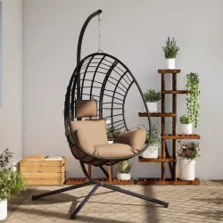   tópszínű rattan és acél függő kagylószék állvánnyal