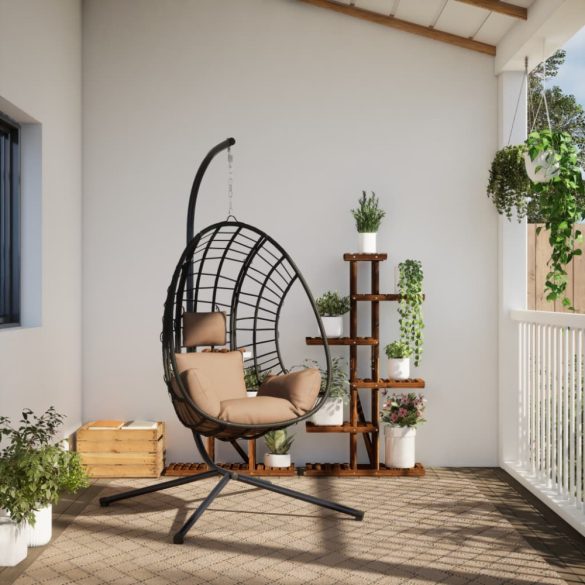 tópszínű rattan és acél függő kagylószék állvánnyal