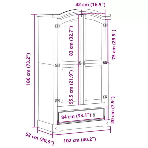 Corona tömör fenyőfa ruhásszekrény 102 x 52 x 186 cm