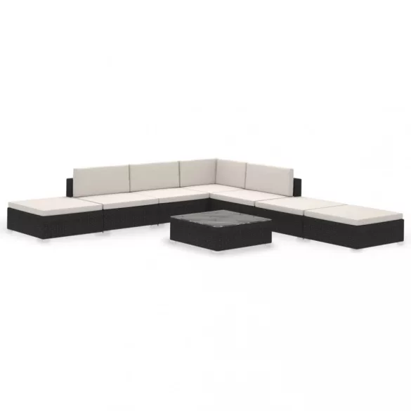 8-részes fekete polyrattan kerti bútorszett párnákkal