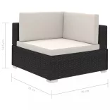 12-részes fekete polyrattan kerti bútorszett párnákkal