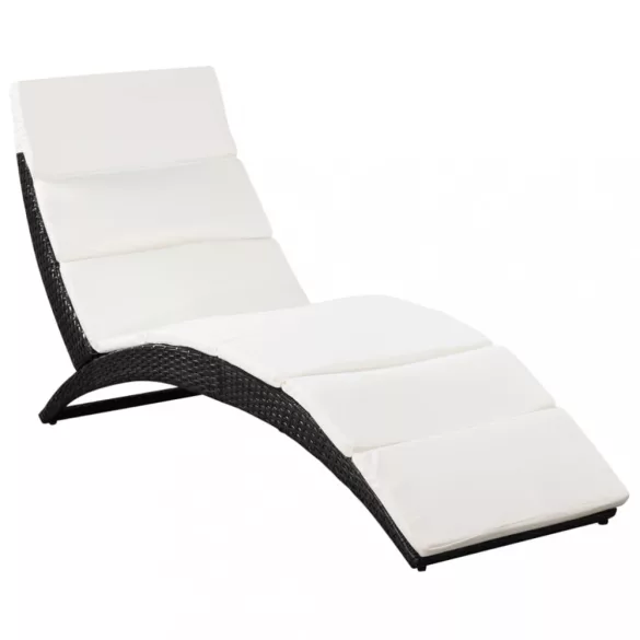 fekete összecsukható polyrattan napozóágy párnával