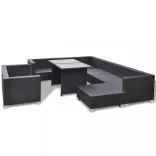10-részes fekete polyrattan kerti bútorszett párnákkal