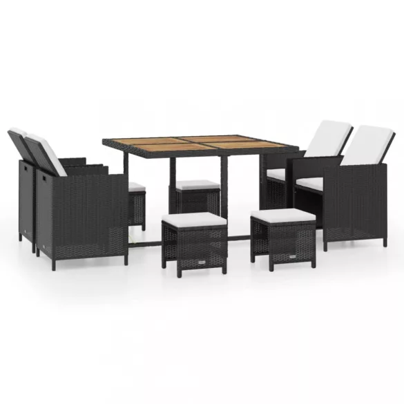 9 darabos fekete kültéri polyrattan és akácfa étkezőszett