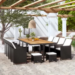   13 darabos fekete kültéri polyrattan és akácfa étkezőszett
