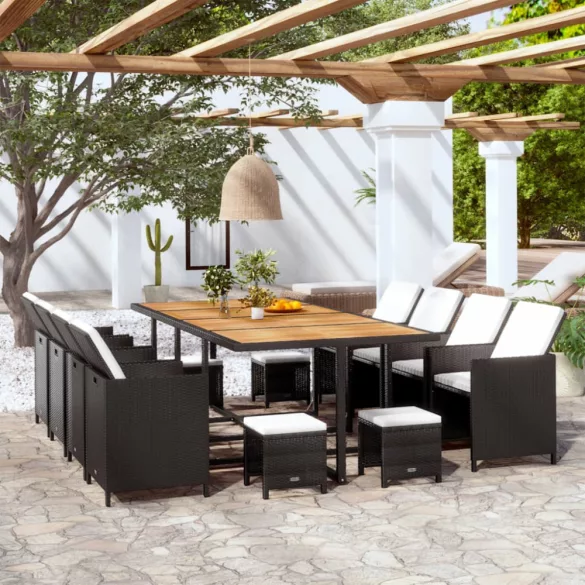 13 darabos fekete kültéri polyrattan és akácfa étkezőszett